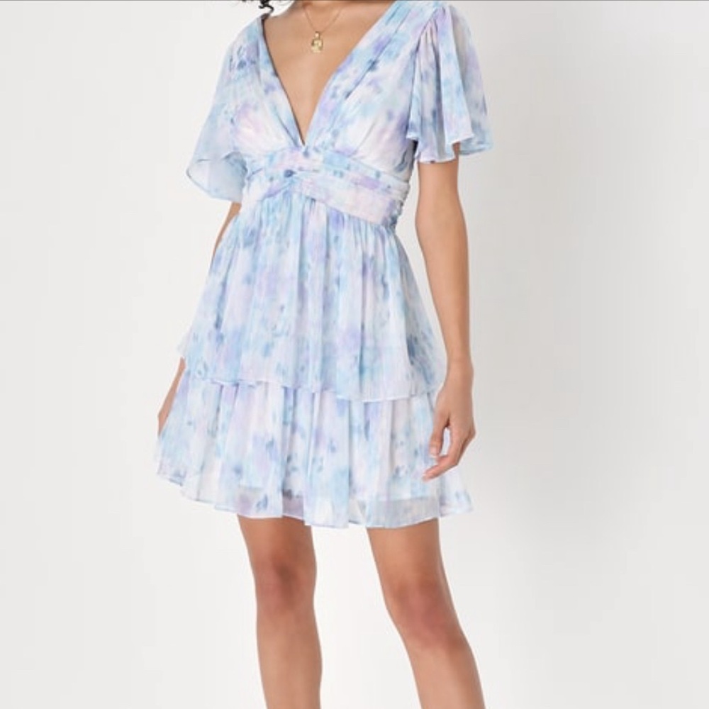 Sunny Evenings Blue Multi Lurex Flutter Sleeve Mini Dress